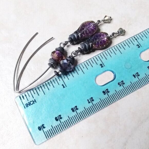 Purple + Black Iridescent Glass Fish Danglers ~ Goth + Beachy! Sea Life Earrings - Picture 5 of 7